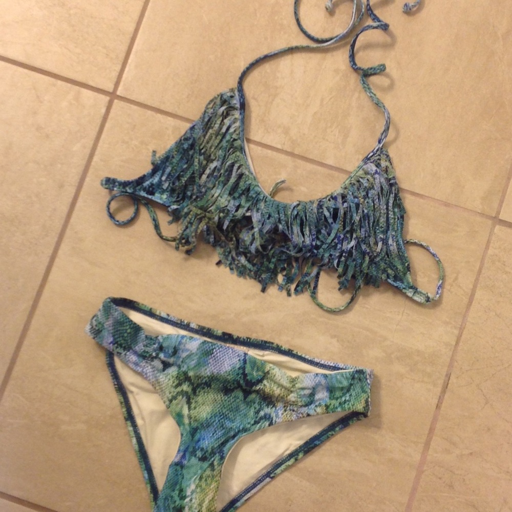 L*space fringe snake print bikini green blue XS S